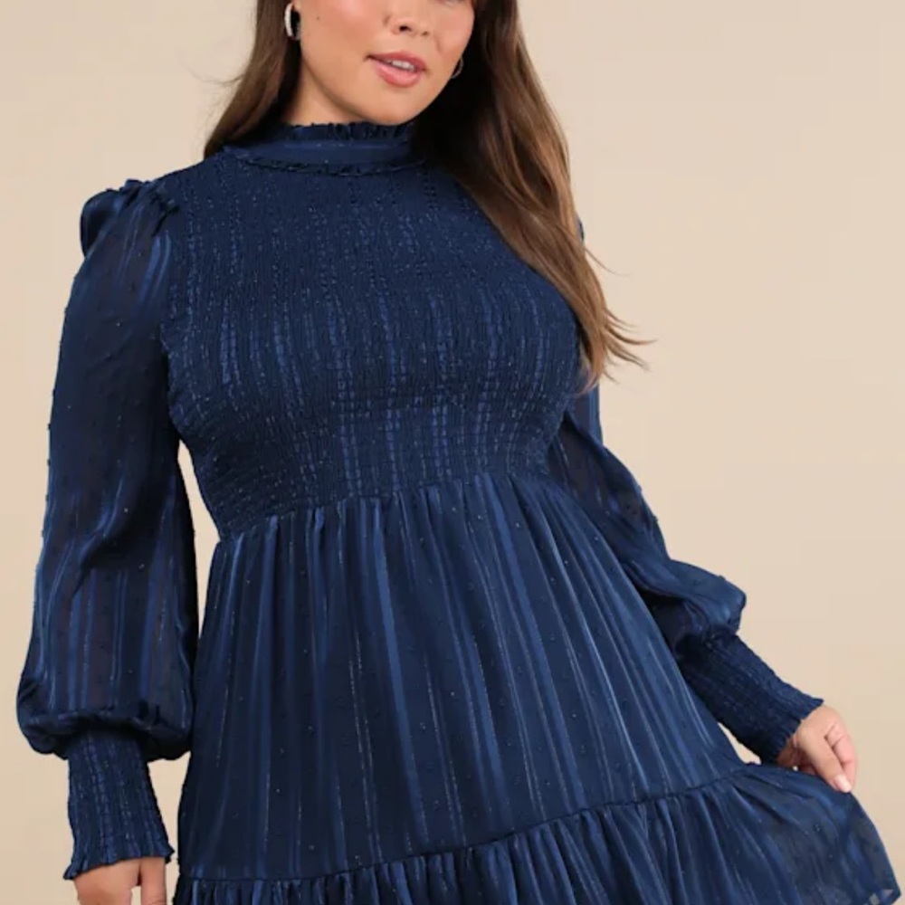 Lulu's Navy Heartful Romance l Smocked Long Sleeve Mini Dress - Picture 4 of 5